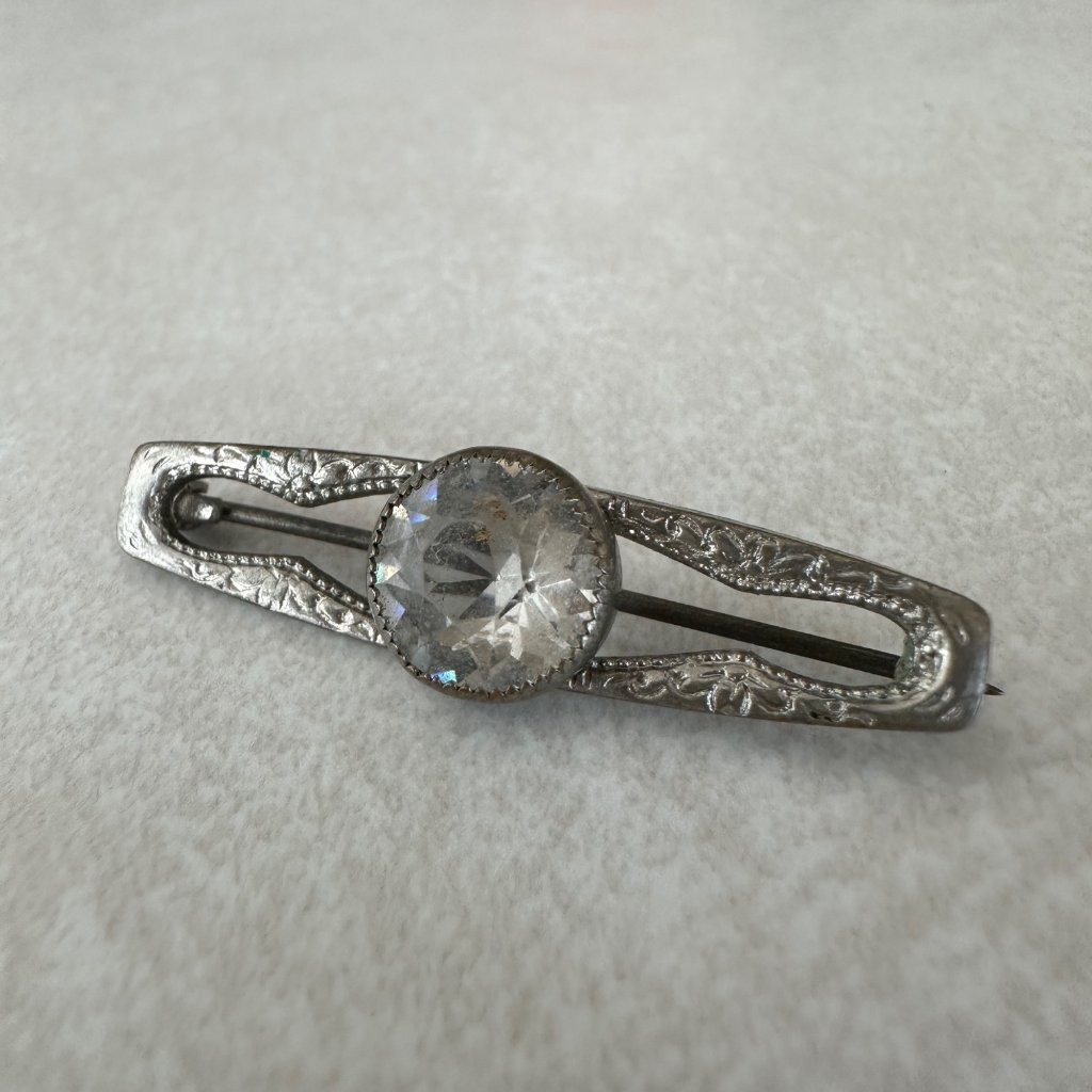 Antique Art Nouveau Sterling Silver Clear Glass Paste Rhinestone Bar Pin Brooch